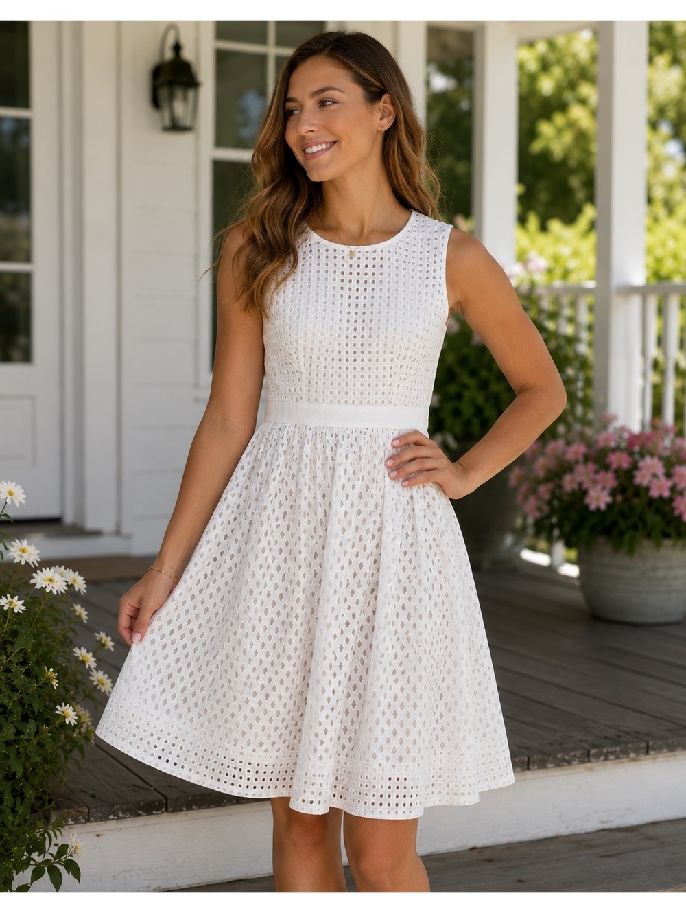 Eliza J White Eyelet Midi Dress Women’s Size 6 Sleeveless Fit & Flare NWT